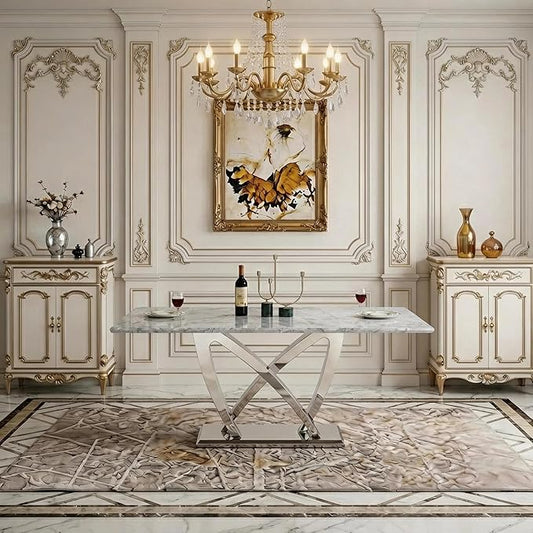 70" Faux Marble Dining Table for 6-8 People, Modern Rectangular Kitchen Table with Gold Mirror Finish Stainless Steel Base, Large Dining Room Table (Silver + Grey, Type2 + 70" Rectangle)