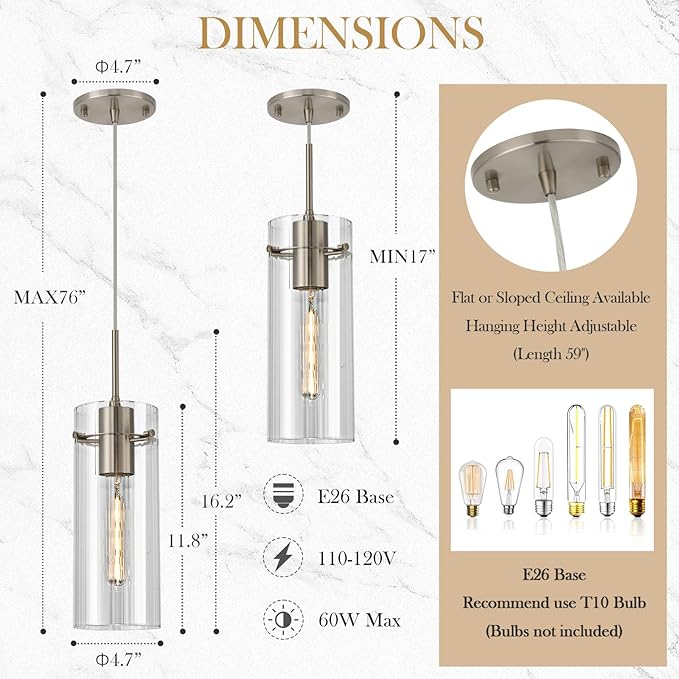 Glass Brushed Nickel Pendant Light, Modern Kitchen Island Pendant Lighting with Ribbed Glass, Adjustable Cord Single Pendant Light for Over Island, Dining Room, Bathroom Bedroom