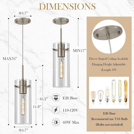 Glass Brushed Nickel Pendant Light, Modern Kitchen Island Pendant Lighting with Ribbed Glass, Adjustable Cord Single Pendant Light for Over Island, Dining Room, Bathroom Bedroom