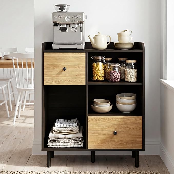 Manora Narrow Small Coffee Bar Cabinet with Drawers, Wooden Mini Sideboard Buffet Cabinet with Storage, Compact Kitchen Island & Corner Island for Kitchen, Dining Room, Coffee Station, Black
