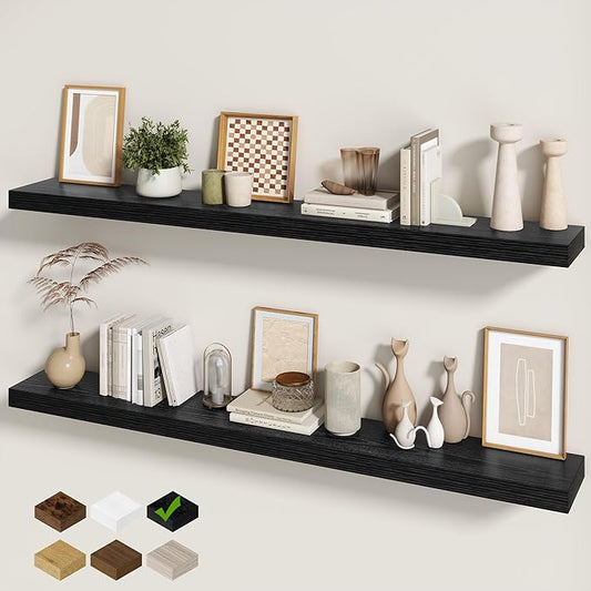 Fun Memories 60 Inch Fireplace Mantel - Long Floating Shelf, Wall Mounted Farmhouse Display with Invisible Heavy Duty Metal Bracket, Balck, 2 Pack