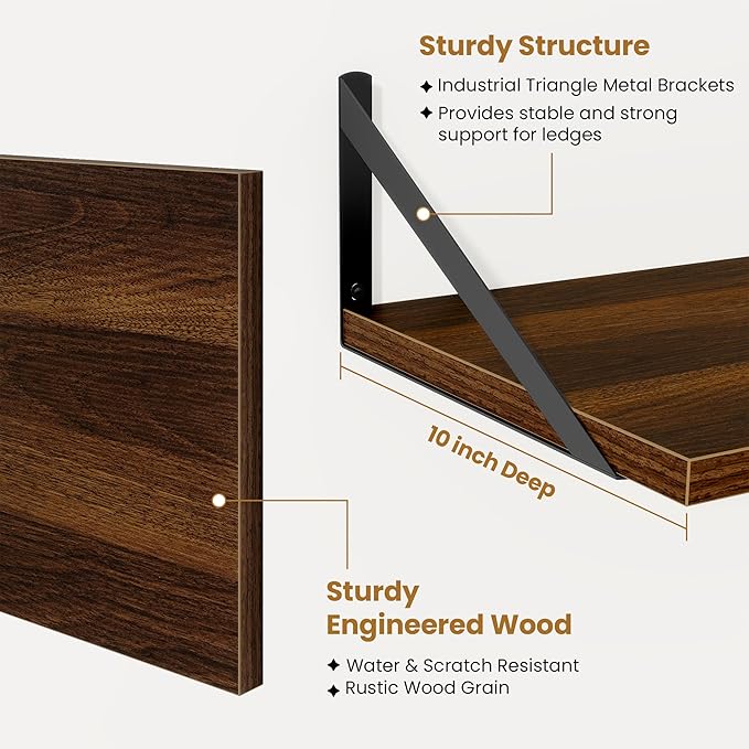 Acovy Walnut Deep Floating Shelves for Wall,36" Wx10 D Wood Wall Shelves with Metal Brackets,Hanging Storage Floating Shelf for Living Room,Bedroom,Bathroom,Office,Kitchen