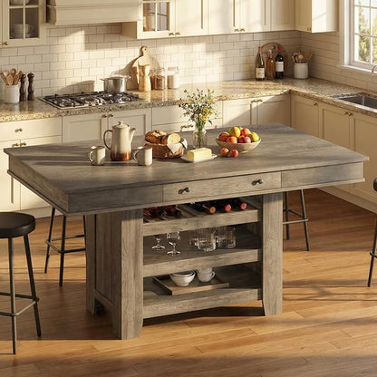 IDEALHOUSE 60" Wood Dining Table for 4-6, Counter Height Kitchen Table with Wine Rack and 2 Drawers, Open Shelves and Sturdy Legs, 4-Tier Stationary Kitchen Island for Dining Room and Kitchen