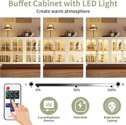 Foreate Sideboard Buffet Cabinet with Glass Door & LED Light, 53.2" Large Buffet Cabinet with Storage & Adjustable Shelf, Farmhouse Sideboard Credenzas Metal Kitchen Buffet, White