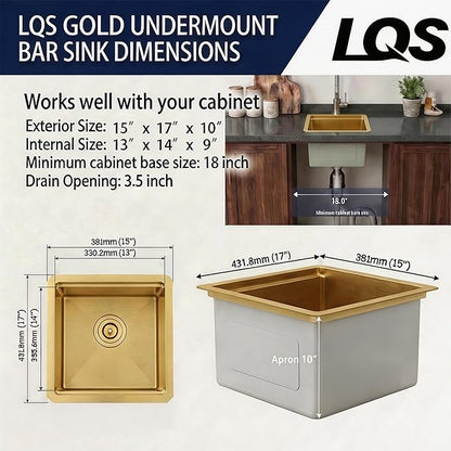 LQS Gold Undermount Bar Sink, Gold Wet Bar Sink and Deep Kitchen Sink 15" x 17" RV Sink, 16 Gauge Stainless Steel Kitchen Sink with Brushed Finish For RV, Laundry, Outdoor and Prep Use, 10" Depth