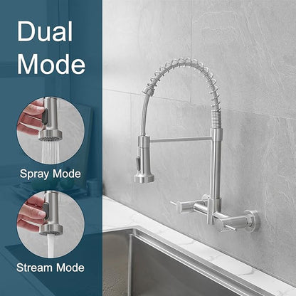 AIMADI Wall Mount Kitchen Faucets, 8-Inch Center Wall Mount Kitchen Sink Faucet with Pull-Down Sprayer,Modern Stainless Steel Design Double Lever Control