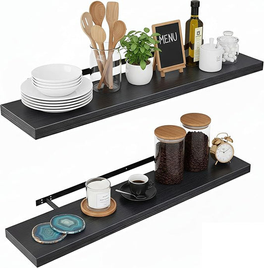 Lufia Floating Wall Shelves, Set of 2, MDF with Invisible Brackets, Modern Storage for Bedroom, Bathroom, Living Room, Kitchen (Black, 32" W x 7" D x 1.5" H)