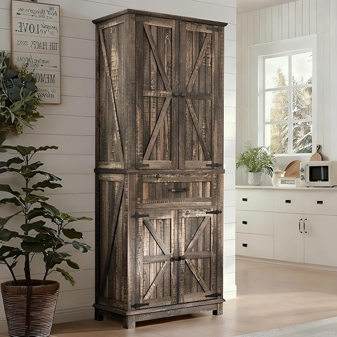 YITAHOME 72.6" H Farmhouse Kitchen Pantry Cabinet, Freestanding Tall Storage Cabinet with 4 Doors, Drawer and Adjustable Shelves, Tall Cupboard for Dining Room, Living Room, Dark Rustic Oak