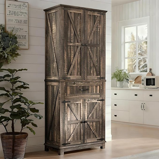 YITAHOME 72.6" H Farmhouse Kitchen Pantry Cabinet, Freestanding Tall Storage Cabinet with 4 Doors, Drawer and Adjustable Shelves, Tall Cupboard for Dining Room, Living Room, Dark Rustic Oak