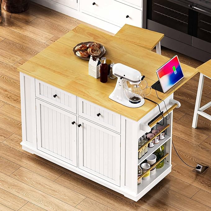 48-Inch Kitchen Island Set with 2 Bar Stools, Outlet & USB Charging Station, Mobile Cart with Drop Leaf, 2 Drawers, 5 Open Shelves & Door Storage, White | Farmhouse Modern All-in-One Storage