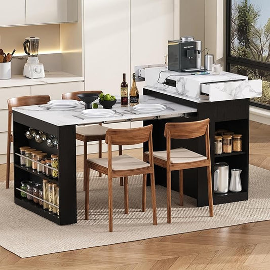 Extendable Dining Table with Folding Tabletop, Bar Table with Drawers and Power Outlet, Kitchen Island with Wheels and Hooks for Kitchen, Dining Room, Black+Marble White