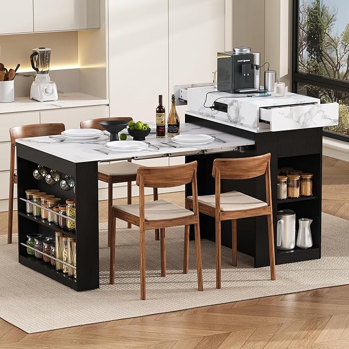 Versatile Extendable Dining Table with Hidden Wheels and Drawers, Farmhouse Kitchen Island with Charging Station and Glass-Door, Sideboard for Kitchen and Dining Room (Black)