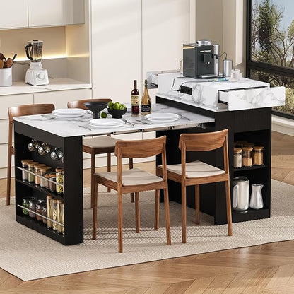 Versatile Extendable Dining Table with Hidden Wheels and Drawers, Farmhouse Kitchen Island with Charging Station and Glass-Door, Sideboard for Kitchen and Dining Room (Black)