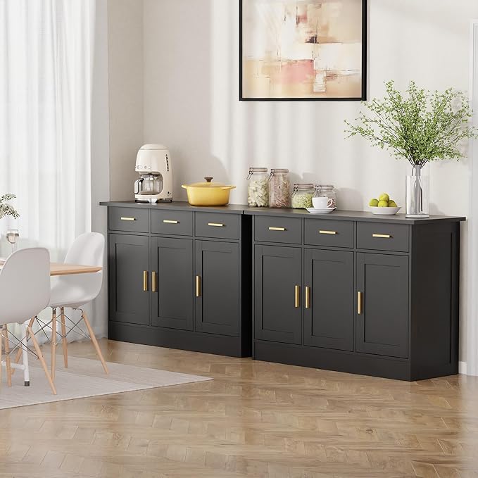 Buffet Cabinet with Storage - Buffets & Sideboards Kitchen Storage Cabinet, Wood Console Table Coffee Bar Accent Cabinets for Living Room Dining Room Entryway Large 3 Doors & Drawers, Black 47.2"W