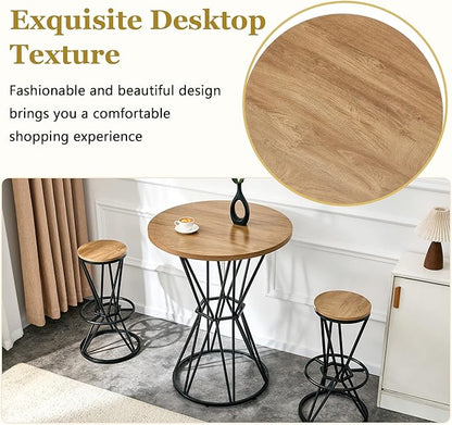Industrial 3-Piece Bar Counter Set – 31.5" Round MDF Table & 2 Rust-Resistant Metal Bar Stools with Foot Pedals | Perfect for Small Apartments, Kitchen Islands, Home Bars (Black,Wood)