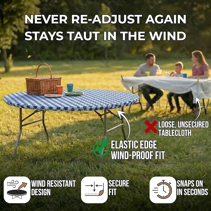 Kwik-Covers 10 Pack of Round Plastic Table Covers - 60" or 72" Round - Indoor or Outdoor Fitted Covers (Tables NOT Included) (Blue & White Check, 60" Round)