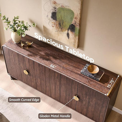 IFGET Modern Buffet Cabinet with Storage, 70" Large Sideboard Buffet Storage Cabinet with 4 Doors and Adjustable Shleves, Wooden Curved Coffee Bar for Dining Room, Kitchen, Living Room, Brown