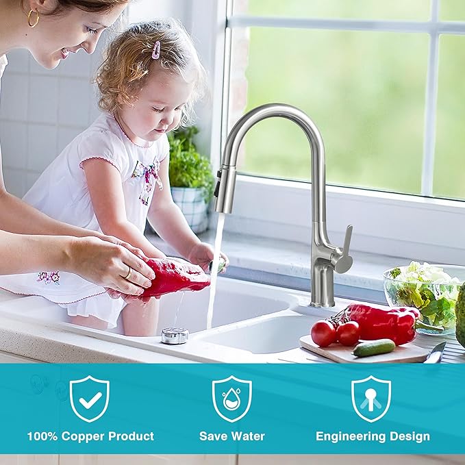 Kitchen Faucet, Brushed Nickel Kitchen Faucet with Pull Down Sprayer, High Arc Single Handle Stainless Steel Kitchen Sink Faucet 1 or 3 Hole, Bar Sink Faucet with 3 Modes Power Clean Deck Plate