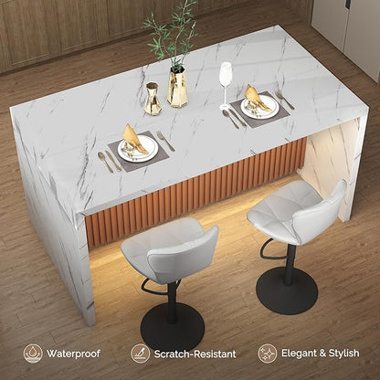 63" Large Modern Rectangle Dining Table for 4-6 People, Imitation Marble Island Table with LED Lights for Kitchen,Dining Room, Bar, Office, Living Room