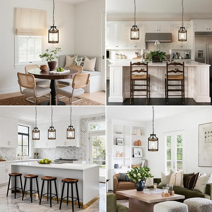 Farmhouse Pendant Light, Rustic Wood Metal Light Fixtures with Adjustable Hanging Chain, Small Pendant Lighting for Kitchen Island, Dining Room, Entryway, Cafe & Bar, 1 Pack