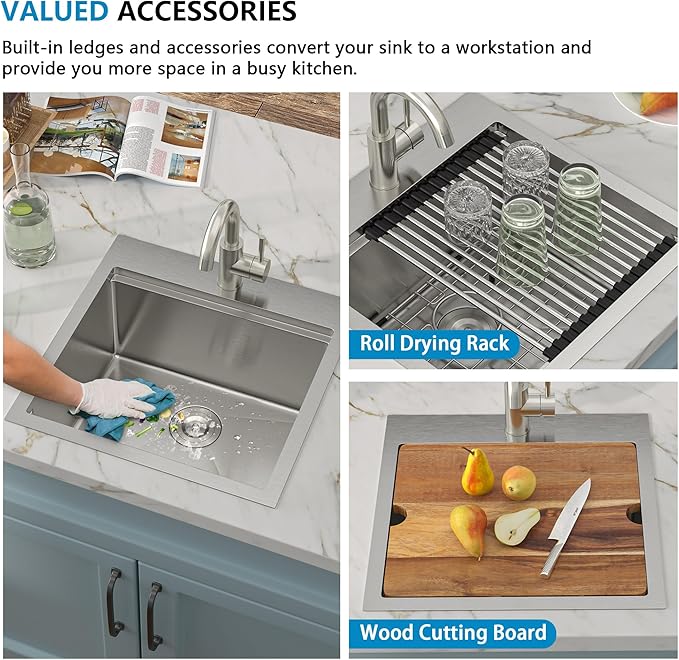 18"x18" Drop In Bar Prep Sink Workstation – 16 Gauge 304 Stainless Steel Top Mount Overmount Wet Bar RV Outdoor Kitchen Sink with Faucet