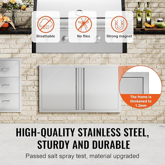 VEVOR BBQ Access Door, 36W x 21H Inch Double Outdoor Kitchen, Stainless Steel Flush Mount, Wall Vertical With Recessed Handles, for BBQ Island, Grilling Station, Outside Cabinet