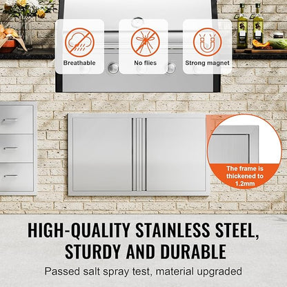 VEVOR BBQ Access Door, 36W x 21H Inch Double Outdoor Kitchen, Stainless Steel Flush Mount, Wall Vertical With Recessed Handles, for BBQ Island, Grilling Station, Outside Cabinet