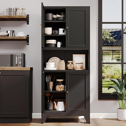 69" H Kitchen Pantry Cabinet with Countertop,Kitchen Hutch Cabinet with Storage,Black Metal Storage Cabinet,Microwave Cabinet,