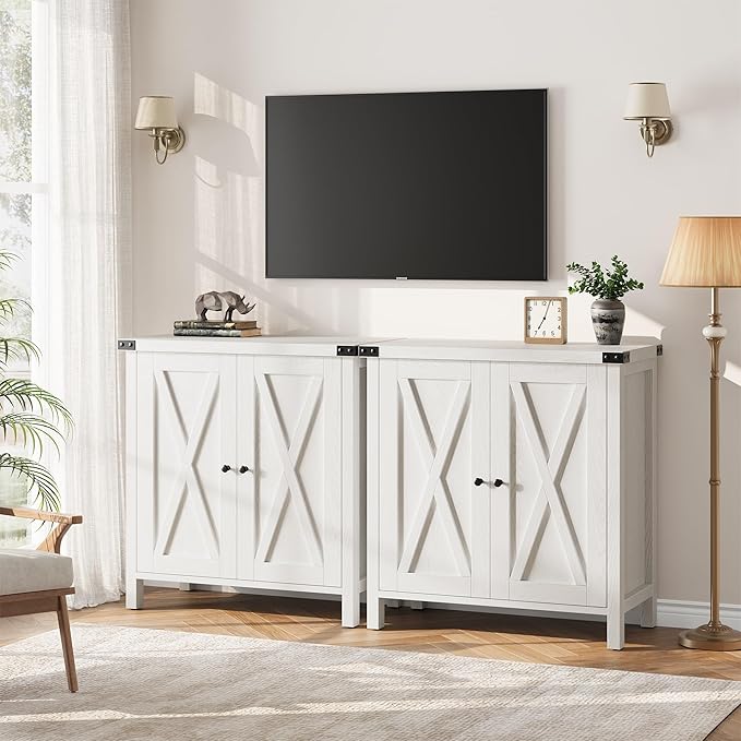 GarveeHome Small Storage Cabinet, Farmhouse Sideboard Buffet Cabinet with 2 Doors and Adjustable Shelves, Accent Entryway Console Cabinets for Living Room, Dining Room (White, 2 Pieces)