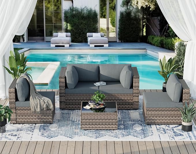 JAMFLY Patio Furniture Sets, 5-Piece Outdoor Patio Furniture with Thick Cushions, Wicker Outdoor Conversation Set Sectional Sofa for Backyard, Poolside, Garden(Grey Cushion)