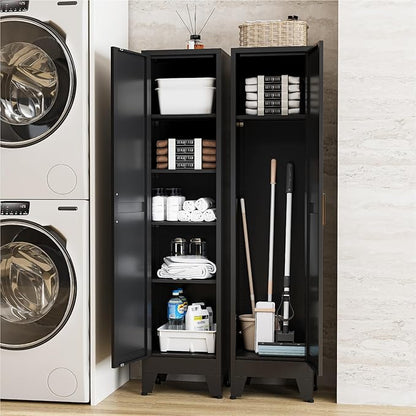 67" Tall Storage Cabinet with Reversible Doors and Adjustable Shelves,Metal Slim Freestanding Cabinet for Bathroom Kitchen Garage Small Spaces,Black,1 Pack