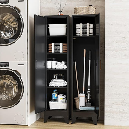 67" Tall Storage Cabinet with Reversible Doors and Adjustable Shelves,Metal Slim Freestanding Cabinet for Bathroom Kitchen Garage Small Spaces,Black,1 Pack