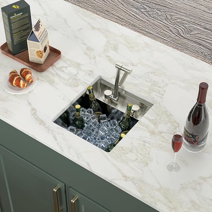 Logmey 15" RV Outdoor Kitchen Sink Undermount with Foldable Faucet and Cover,16 Gauge Stainless Steel Handmade 15x17 Single Bowl Sink for Outdoor Kitchen,Patio,Camper