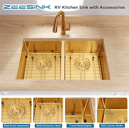 Gold RV Kitchen Sink 27 X 16 inch,50/50 Double Bowl Undermount Kitchen Sink,16 Gauge Stainless Steel Kitchen Sinks for RV