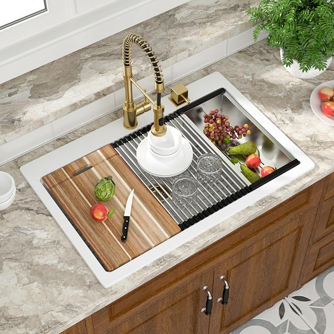 Mocoloo 33 Inch Drop in Workstation Kitchen Sink, 33x22 White Granite Composite Quartz Single Bowl Topmount Ledge Sink Above Counter