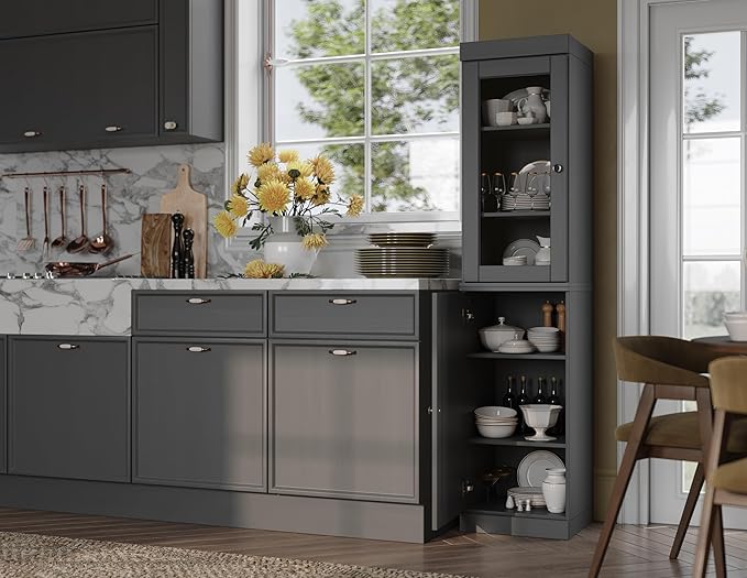 Palace Imports Solid Wood Kitchen Pantry - Narrow Storage Cabinet - 16.5" Wide x 71.5" Tall - 1 Raised Panel & 1 Glass Door, Gray, Adjustable Shelves, 100% Eco-Friendly Wood, Modular Cabinets