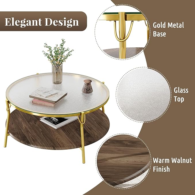 Modern Round Walnut 2-Tiered Coffee Table with Glass Top and Gold Base for Living Room, 29.9"