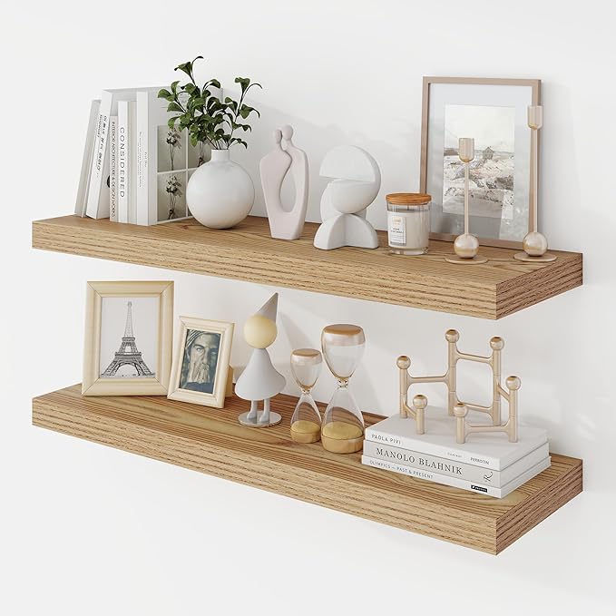 Acovy 30 Inch Floating Shelves, 9.3" Deep Floating Shelf Wall Mounted, 30" Wall Shelves, Rustic Deep Bookshelf, Large Display Shelves & Storage Shelves for Bedroom, Living Room, Light Brown, Set of 2