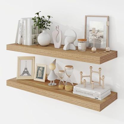 Acovy 30 Inch Floating Shelves, 9.3" Deep Floating Shelf Wall Mounted, 30" Wall Shelves, Rustic Deep Bookshelf, Large Display Shelves & Storage Shelves for Bedroom, Living Room, Light Brown, Set of 2