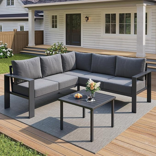 UDPATIO 6 Piece Patio Furniture Set, Metal Outdoor Sectional Sofa with 6" Thick Olefin Cushions, Wide Armrest & Coffee Table, L Shaped Outdoor Furniture for Garden, Backyard Dark Grey
