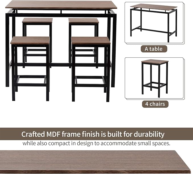 Solid Wood 4-Piece Kitchen Dining Table Set, Counter Height Bar Table Set with 3 Stools and Storage Shelves, Perfect for Home, Kitchen, Living Room (Dark Brown-1)