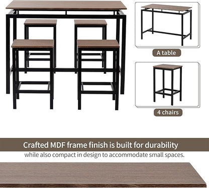 Solid Wood 4-Piece Kitchen Dining Table Set, Counter Height Bar Table Set with 3 Stools and Storage Shelves, Perfect for Home, Kitchen, Living Room (Dark Brown-1)