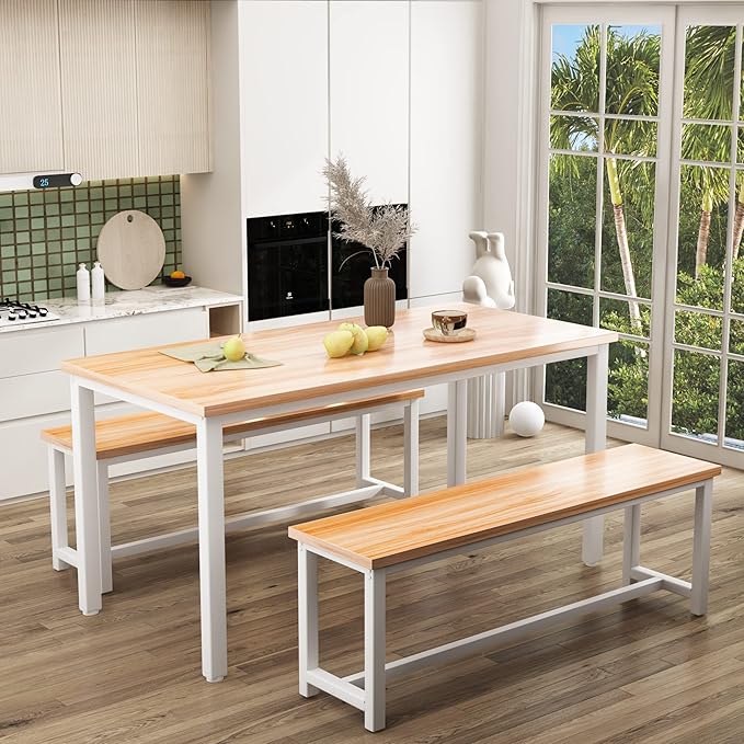 Recaceik Dining Table Set with Bench, 3 Pieces Dining Furniture Set Kitchen Table Set Sturdy Structure Space-Saving Dinette for Kitchen, Dining Room Breakfast Nook, Living Room, Beige