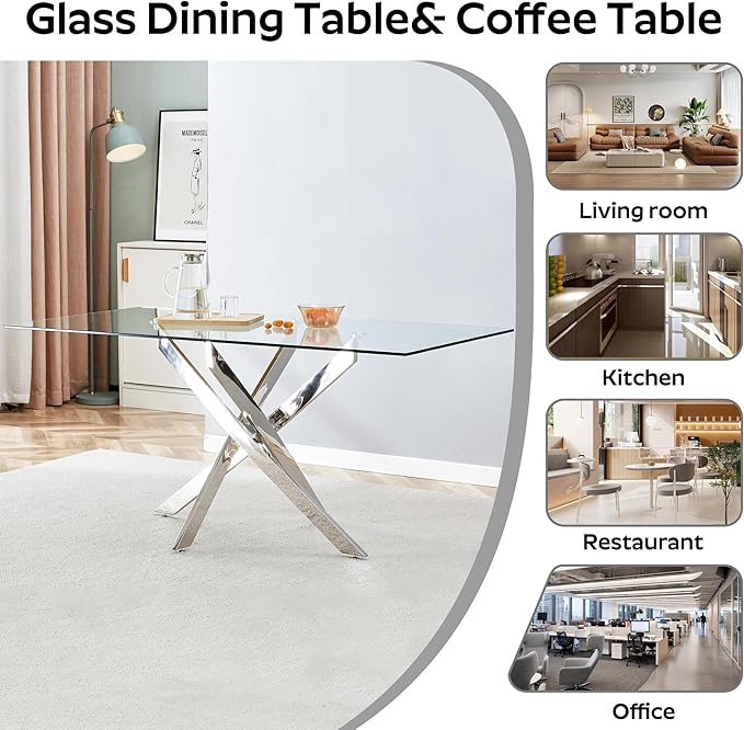 63" Modern Rectangular Glass Dining Table for 4-6, Contemporary Dining Room Table with Tempered Glass Top & Silver Finish Stainless Steel Legs for Kitchen, Home, Dining Room
