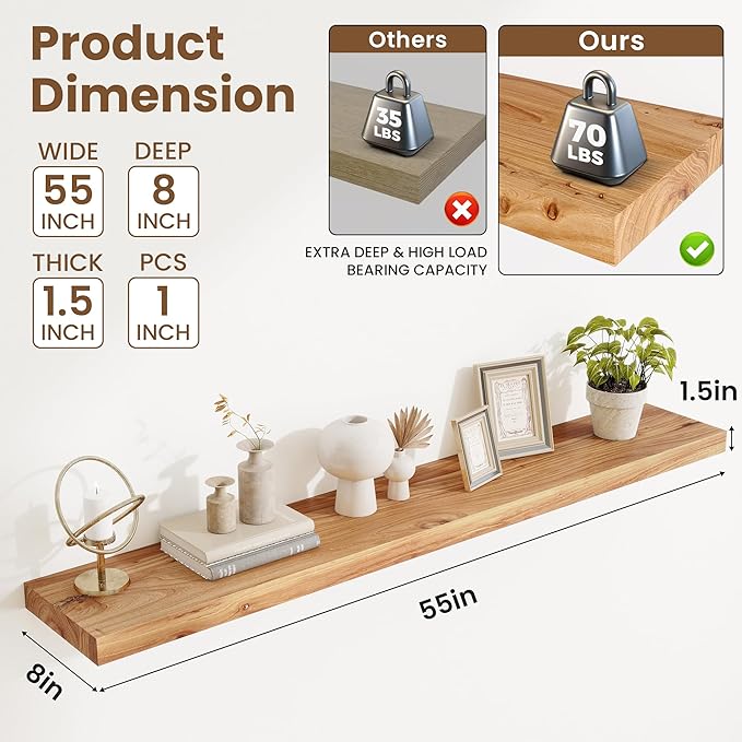 Acovy Extra Deep 55" Long Rustic Solid Wood Floating Shelves for Wall, Wall Shelves with Invisible Bracket for Living Room Bathroom Bedroom Kitchen, Set of 1, Walnut