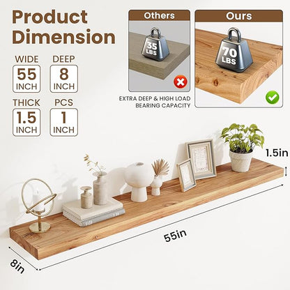 Acovy Extra Deep 55" Long Rustic Solid Wood Floating Shelves for Wall, Wall Shelves with Invisible Bracket for Living Room Bathroom Bedroom Kitchen, Set of 1, Walnut