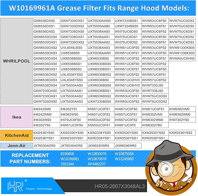 Upgraded W10169961A Range Hood Filter Replacement, Fits Whirlpool, Ikea, Kitchen Aid, Jenn Air, Aluminum Mesh Hood Grease Filter 10.5x12Inch, HR Huare Technology Aluminum Range Hood Vent Filters,1PCS