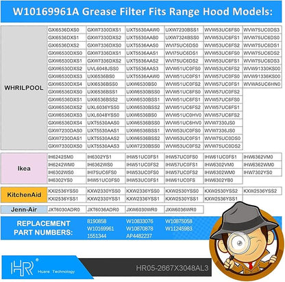 Upgraded W10169961A Range Hood Filter Replacement, Fits Whirlpool, Ikea, Kitchen Aid, Jenn Air, Aluminum Mesh Hood Grease Filter 10.5x12Inch, HR Huare Technology Aluminum Range Hood Vent Filters,1PCS