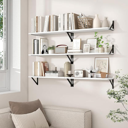 Axeman 48 Inch Floating Shelves | 8 Inch Deep White Wall Shelves Set of 2 | 47.3" W x 8" D Rustic White Wood Shelves for Bathroom Kitchen Living Room