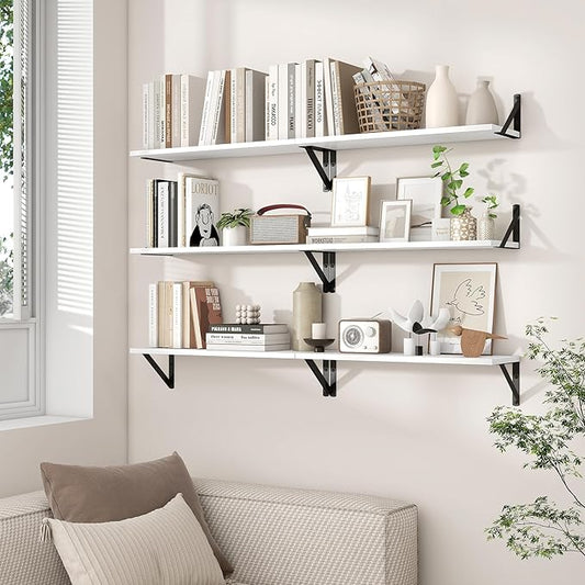 Axeman 24 Inch White Floating Shelves | 8 Inch Deep Wall Shelves Set of 2 | 24''W x 8''D Rustic White Wood Shelves for Bathroom Kitchen Living Room Bookshelf Home Office